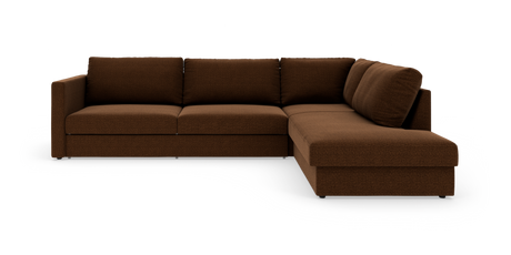 Brun L‑formet modulsofa med chaiselong til højre på hvid baggrund.