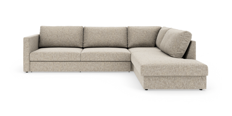 Beige L-formet hjørnesofa med chaiselong til højre, polstret i stof, moderne, isoleret på hvid baggrund.