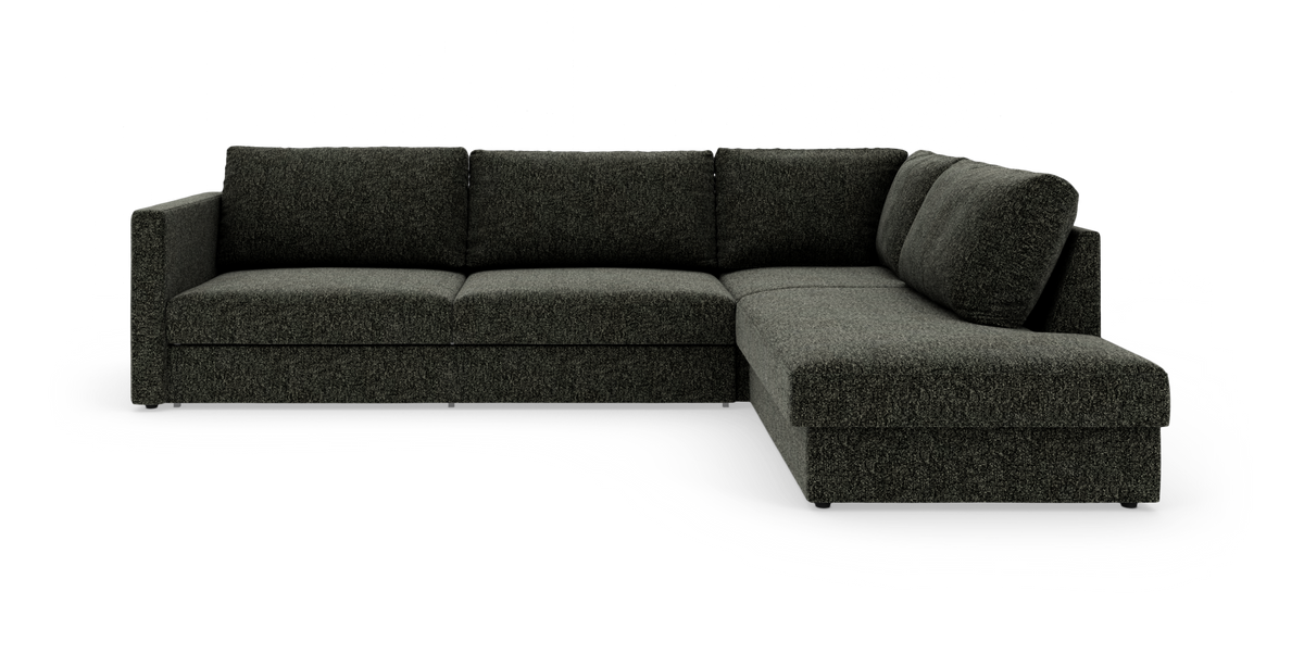 Mørkegrå L‑sofa med chaiselong til højre, frilagt på hvid baggrund.