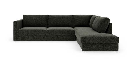 Mørkegrå L‑sofa med chaiselong til højre, frilagt på hvid baggrund.