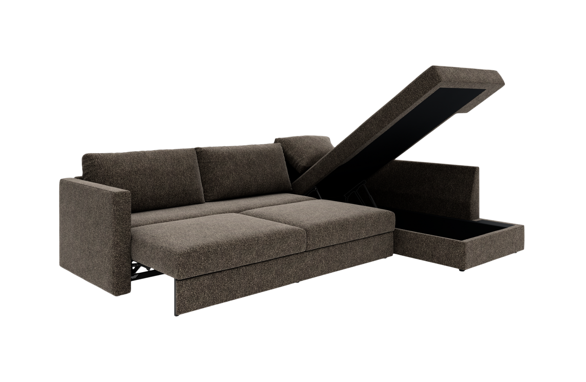 Brun modulsofa med opklappelig chaiselong og skjult opbevaring, vist i frontvinkel.