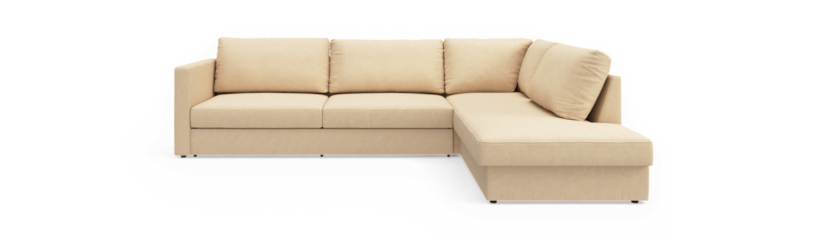 Beige L-formet hjørnesofa med chaiselong til højre, frilagt på sort baggrund.