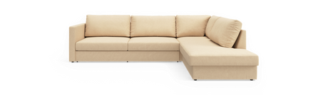 Beige L-formet hjørnesofa med chaiselong til højre, frilagt på sort baggrund.