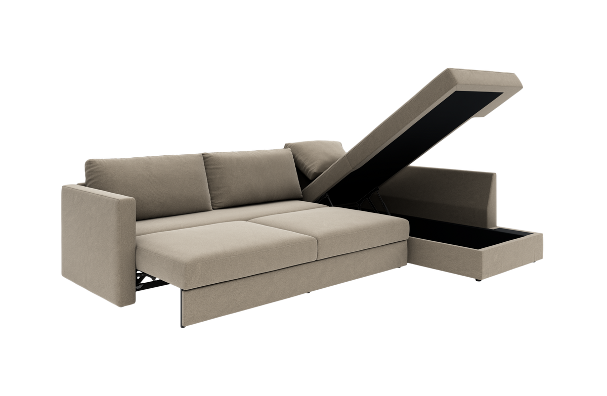 Beige sovesofa med udtræksdel og opklappelig chaiselong med opbevaring åben.
