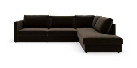 Mørkebrun L-formet hjørnesofa med chaiselong til højre, fritlagt mod hvid baggrund.