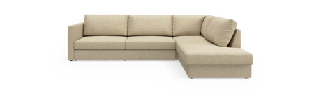 Beige L‑formet hjørnesofa med chaiselong i højre side, frilagt på sort baggrund.