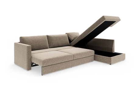 Beige modulsofa med chaiselong og opklappelig opbevaring, vist i studieopstilling fra en frontskrå vinkel.