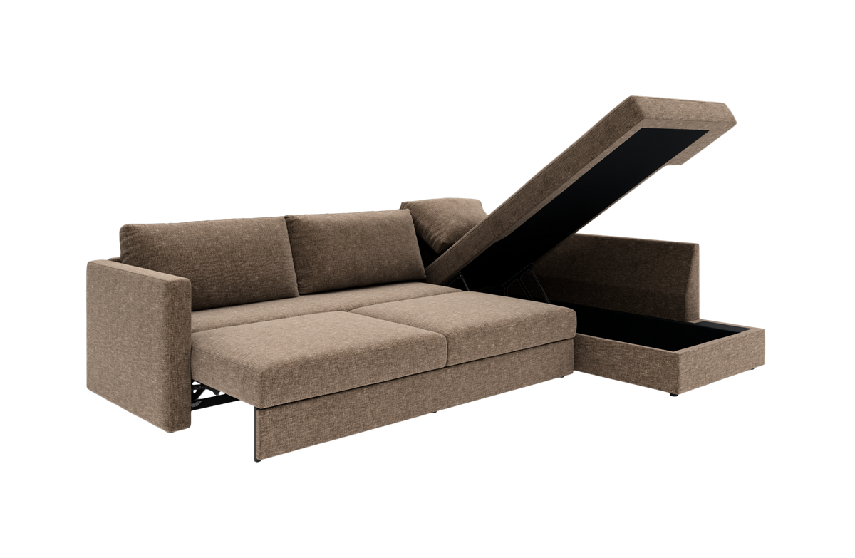 Brun sovesofa med chaiselong og åben opbevaring.
