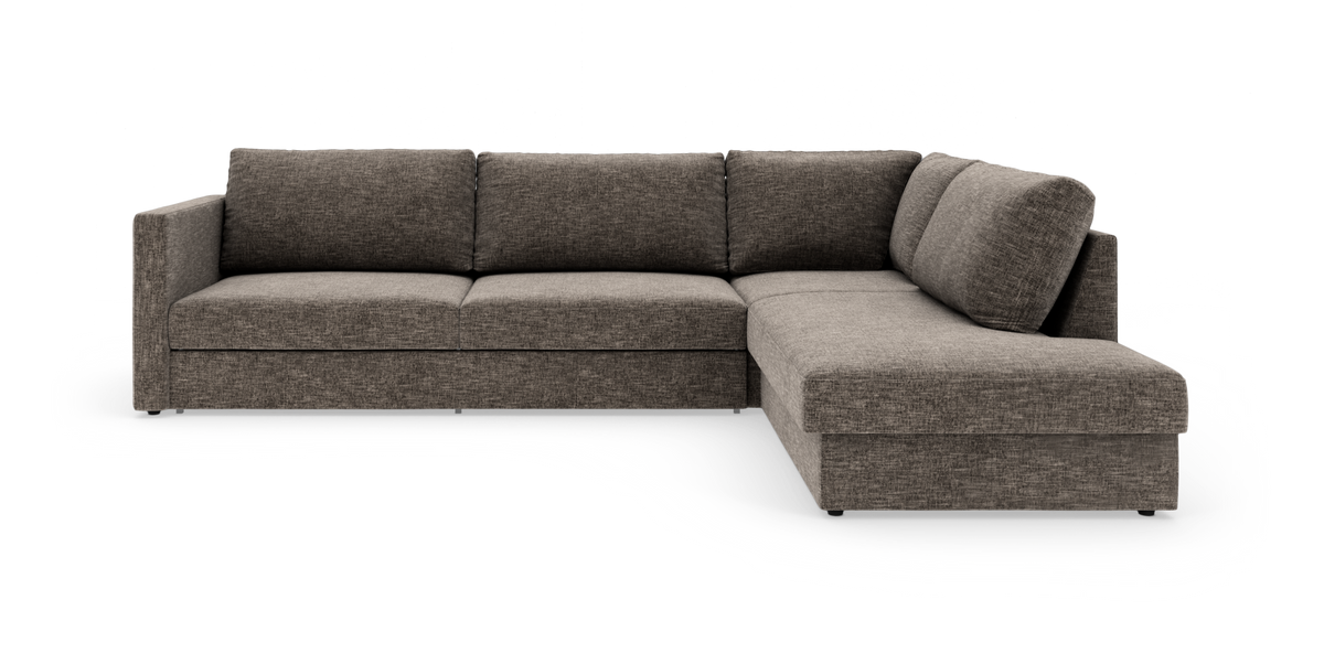 L‑formet modulsofa i brungråt stof med højrevendt chaiselong, frilagt på hvid baggrund.