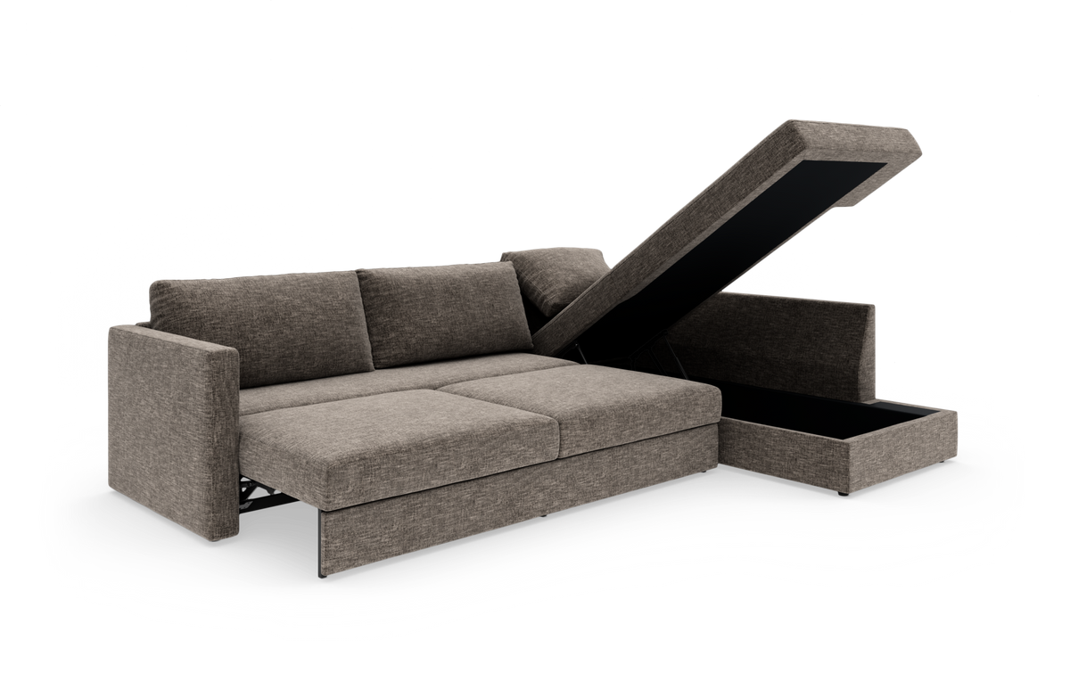 Grå hjørnesofa med chaiselong og åbent opbevaringsrum; kan bruges som sovesofa.