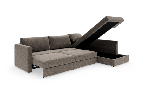 Grå hjørnesofa med chaiselong og åbent opbevaringsrum; kan bruges som sovesofa.
