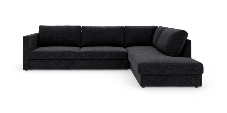 Mørkegrå L‑sofa med chaiselong til højre, fritlagt på hvid baggrund.