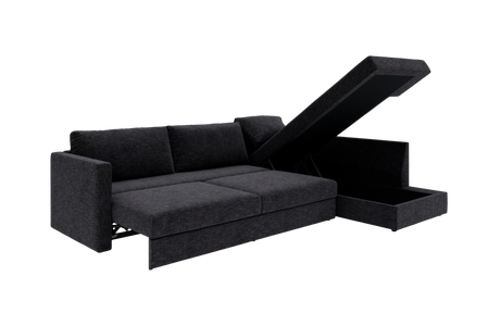Mørkegrå sovesofa med åben chaiselong og indbygget opbevaring, fritlagt på hvid baggrund.