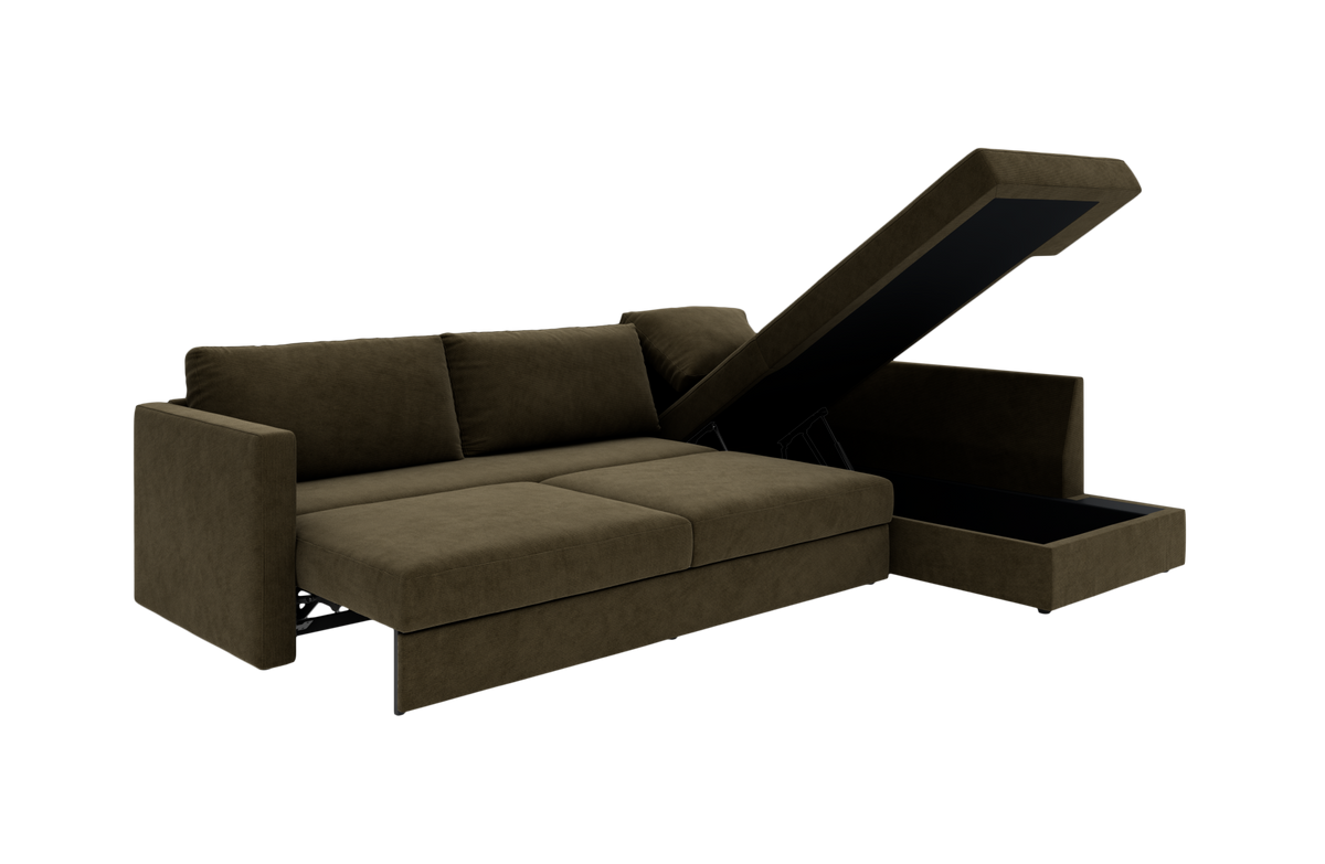 Modulsofa i olivengrønt stof med åben opbevaringschaiselong i højre side, vist i studie på hvid baggrund.