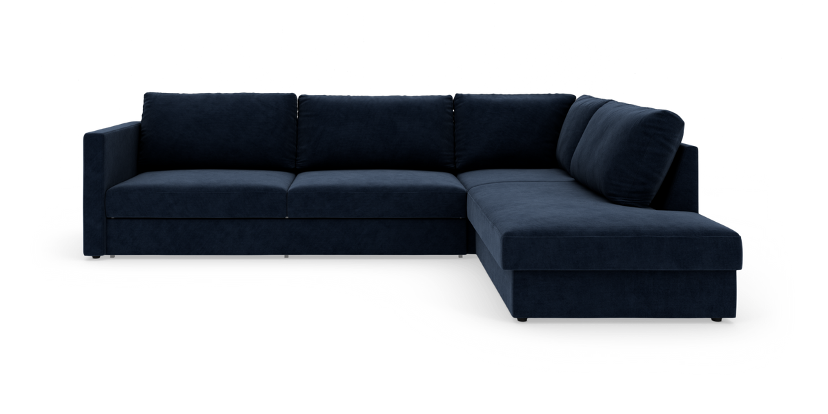 Mørkeblå modulopbygget hjørnesofa med chaiselong til højre, isoleret på hvid baggrund.