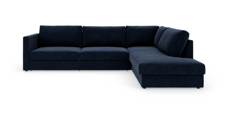 Mørkeblå modulopbygget hjørnesofa med chaiselong til højre, isoleret på hvid baggrund.