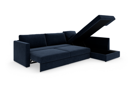 Mørkeblå sovesofa med åben opbevaring i chaiselongen.