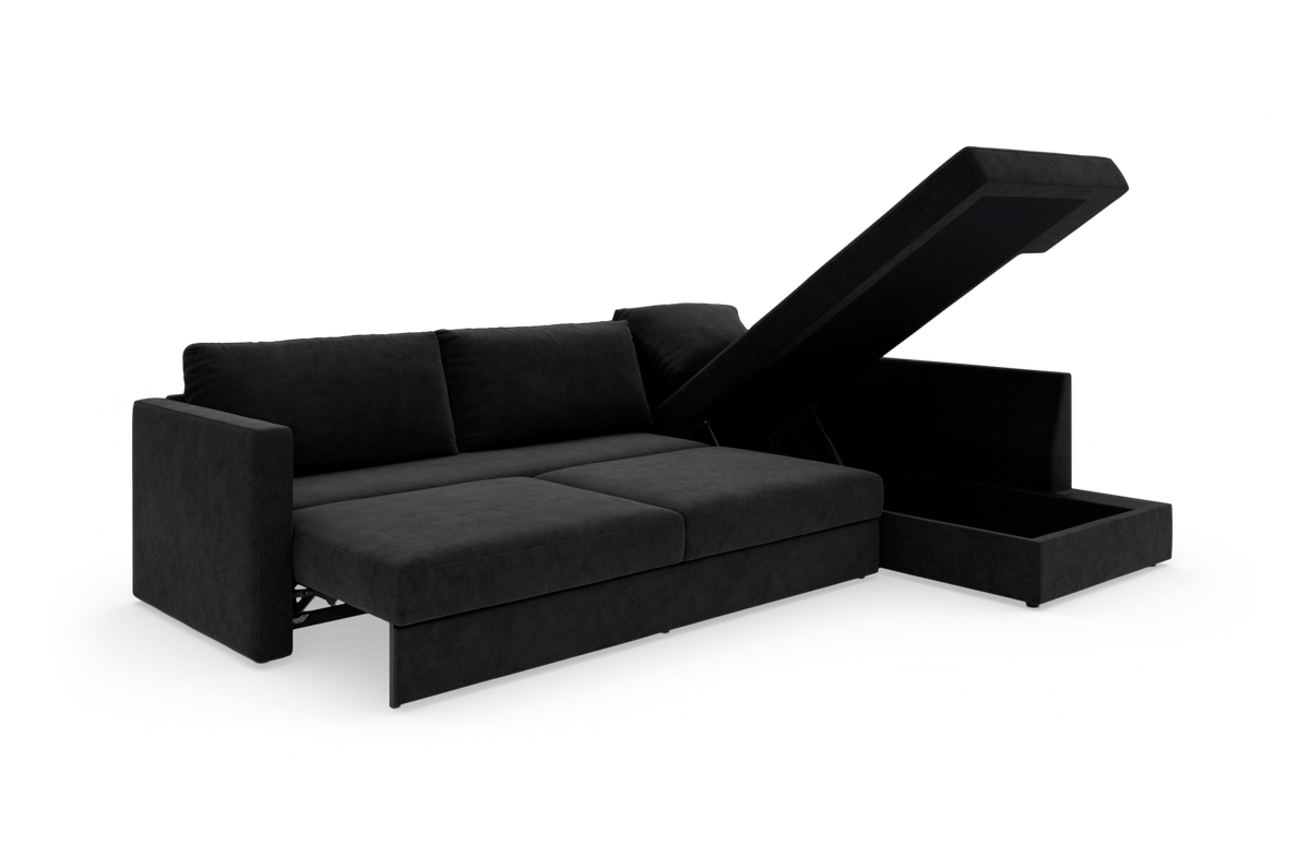 Sort sovesofa med åbent chaiselong-opbevaringsrum, frilagt studiobillede set skråt forfra.