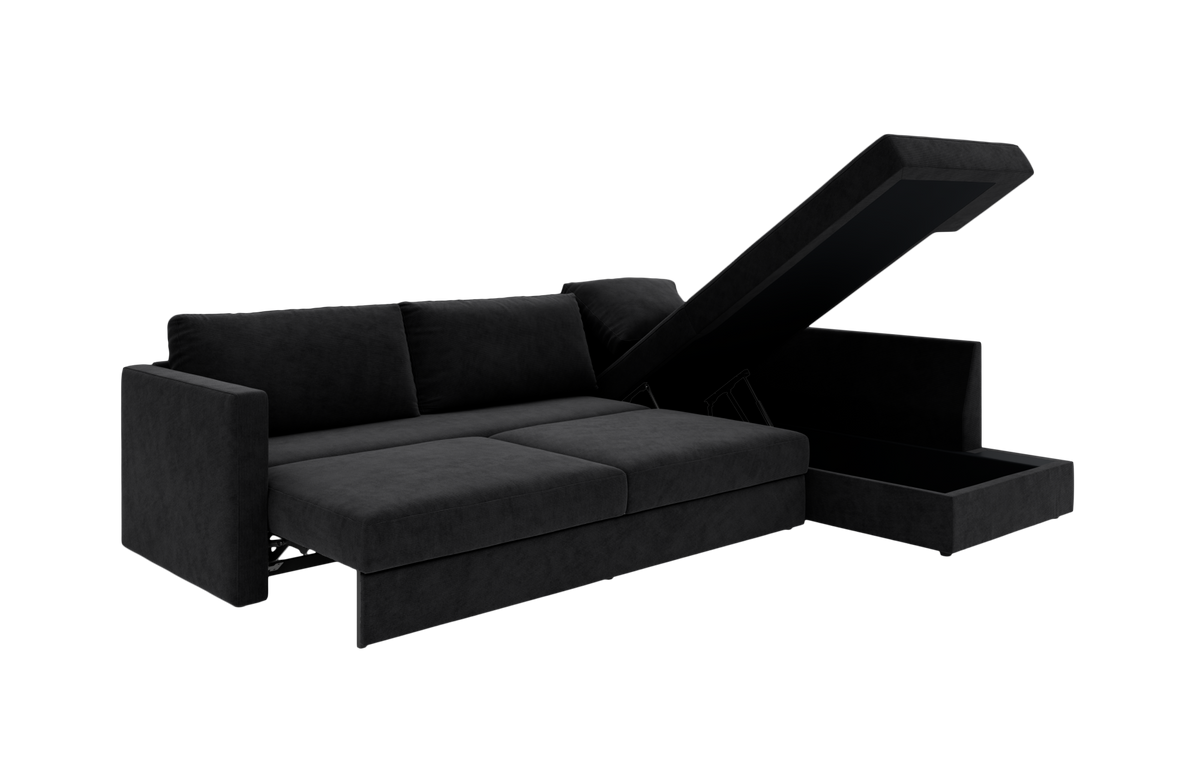 Sort sovesofa med åbent opbevaringsrum i chaiselongen.