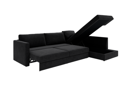 Sort sovesofa med åbent opbevaringsrum i chaiselongen.