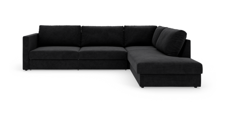 Sort L‑formet modulsofa med chaiselong til højre på hvid studiebaggrund.