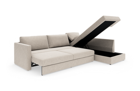 Beige hjørnesovesofa i moderne design med åbnbar chaiselong og rummeligt opbevaringsrum, frilagt på hvid baggrund.