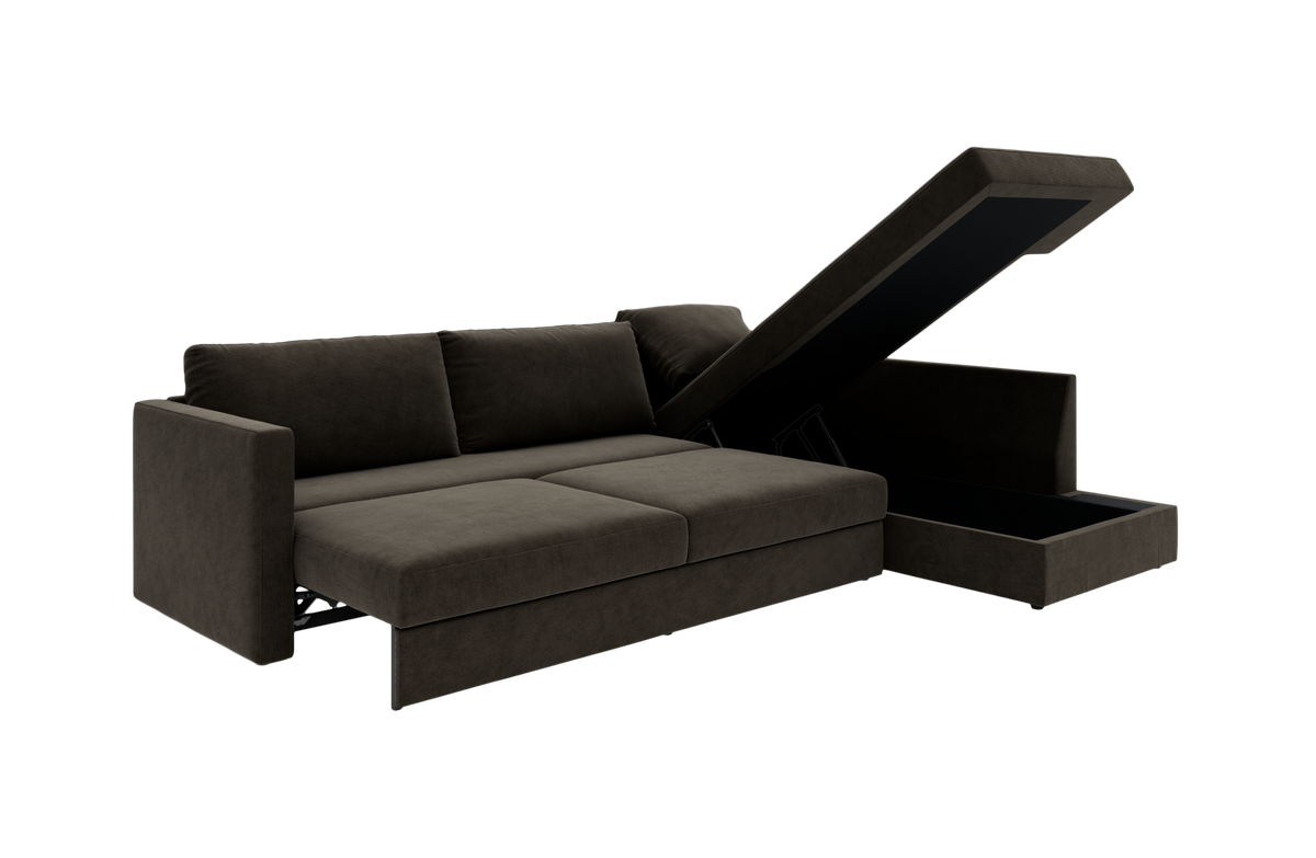 Mørkebrun sovesofa med chaiselong og opklappelig opbevaring, frilagt mod hvid baggrund.