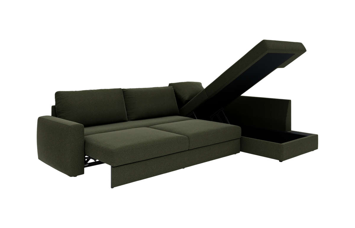 Mørkegrøn sofa med chaiselong og opklappeligt opbevaringsrum i siden, set i skrå frontvinkel.