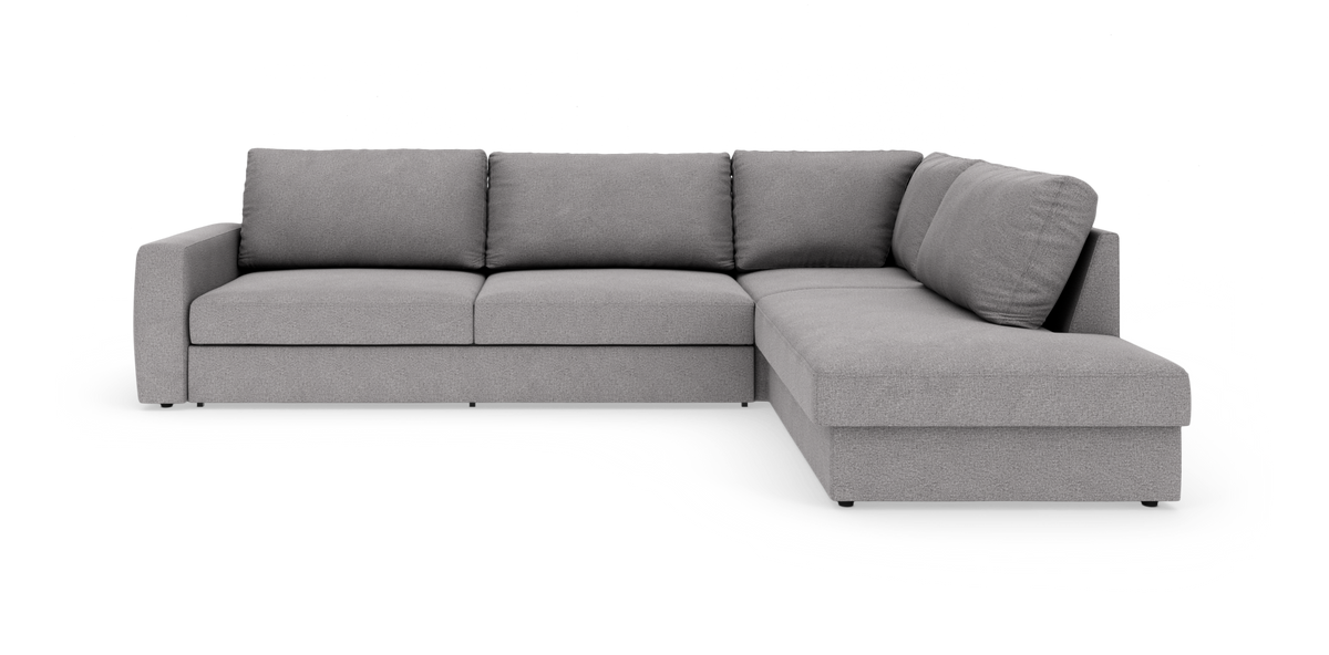 L-formet grå hjørnesofa med chaiselong til højre på hvid baggrund.