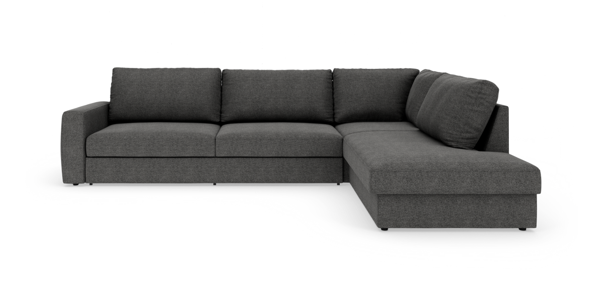 Mørkegrå hjørnesofa med chaiselong til højre på hvid baggrund.