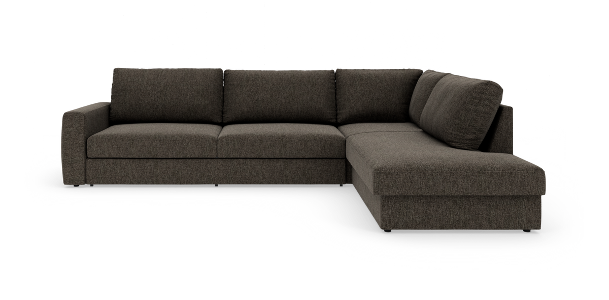 Mørkegrå L-formet hjørnesofa med chaiselong til højre, frilagt på hvid baggrund.