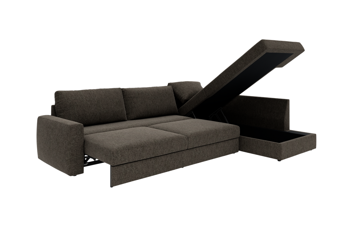 Brun hjørnesovesofa med chaiselong og åbent opbevaringsrum, frilagt på hvid baggrund.