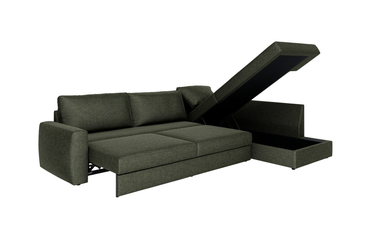 Mørkegrøn hjørnesovesofa i udtrukket sengeleje med chaiselong og åben skjult opbevaring, frilagt mod hvid baggrund.