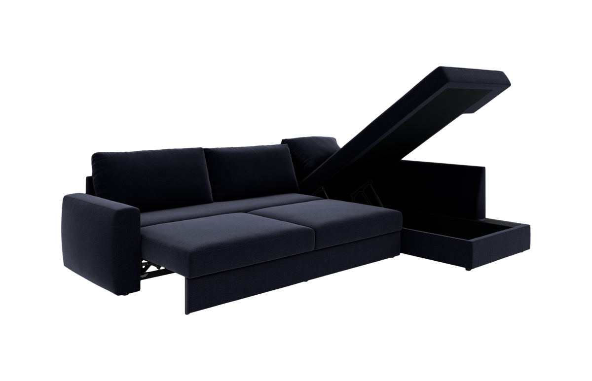 Mørkeblå sofa med chaiselong og åben opbevaring i chaiselongen.