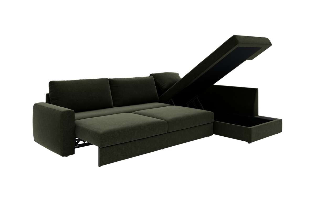 Mørkegrøn sovesofa med chaiselong og åben opbevaring, frilagt mod hvid baggrund.