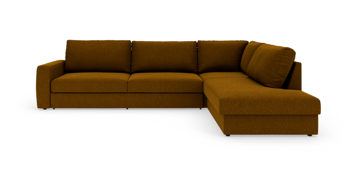 L‑formet hjørnesofa i stof med højrevendt chaiselong i varm brun/okra.