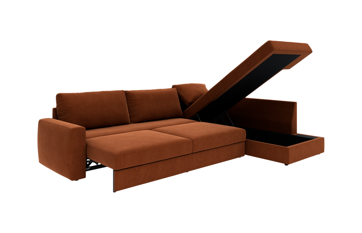 Rustfarvet modulsofa med chaiselong og opklappeligt opbevaringsrum, fotograferet på hvid baggrund.