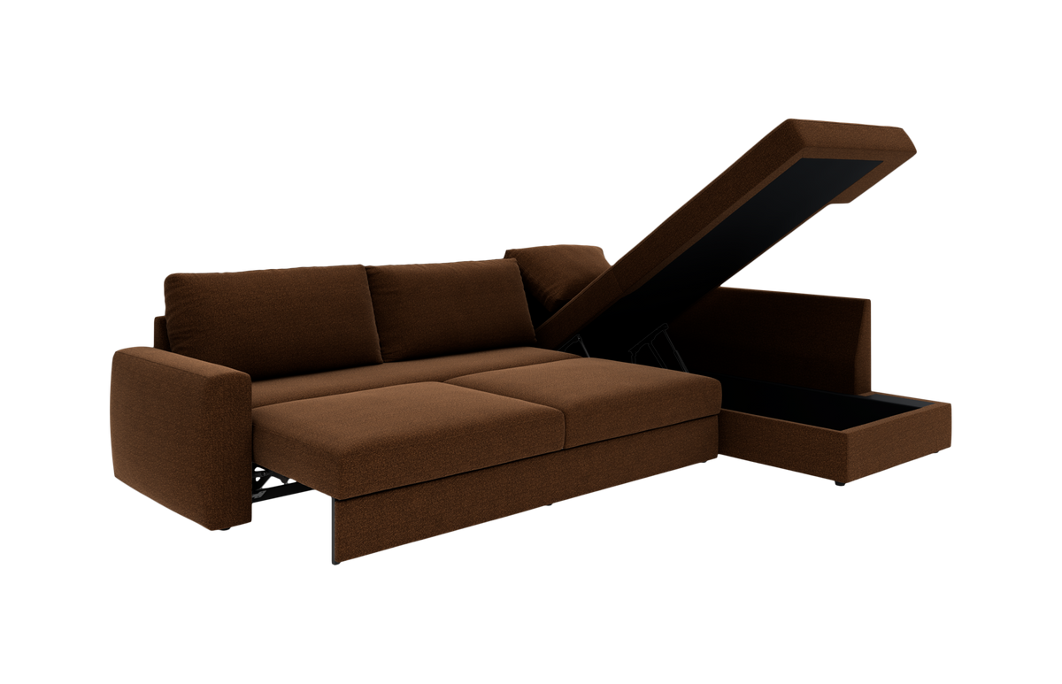 Brun modulsofa med chaiselong og åbent opbevaringsrum i chaiselongen, frilagt mod hvid baggrund.