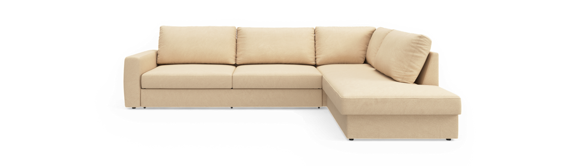 Beige hjørnesofa med chaiselong til højre, frontvisning på neutral baggrund.