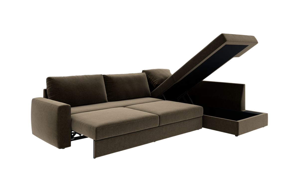 Brun sovesofa med åbent opbevaringsrum i chaiselongen, frilagt på hvid baggrund.