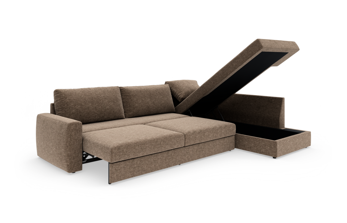 Brun hjørnesofa med chaiselong og opklappelig opbevaring i siden, frilagt produktfoto.