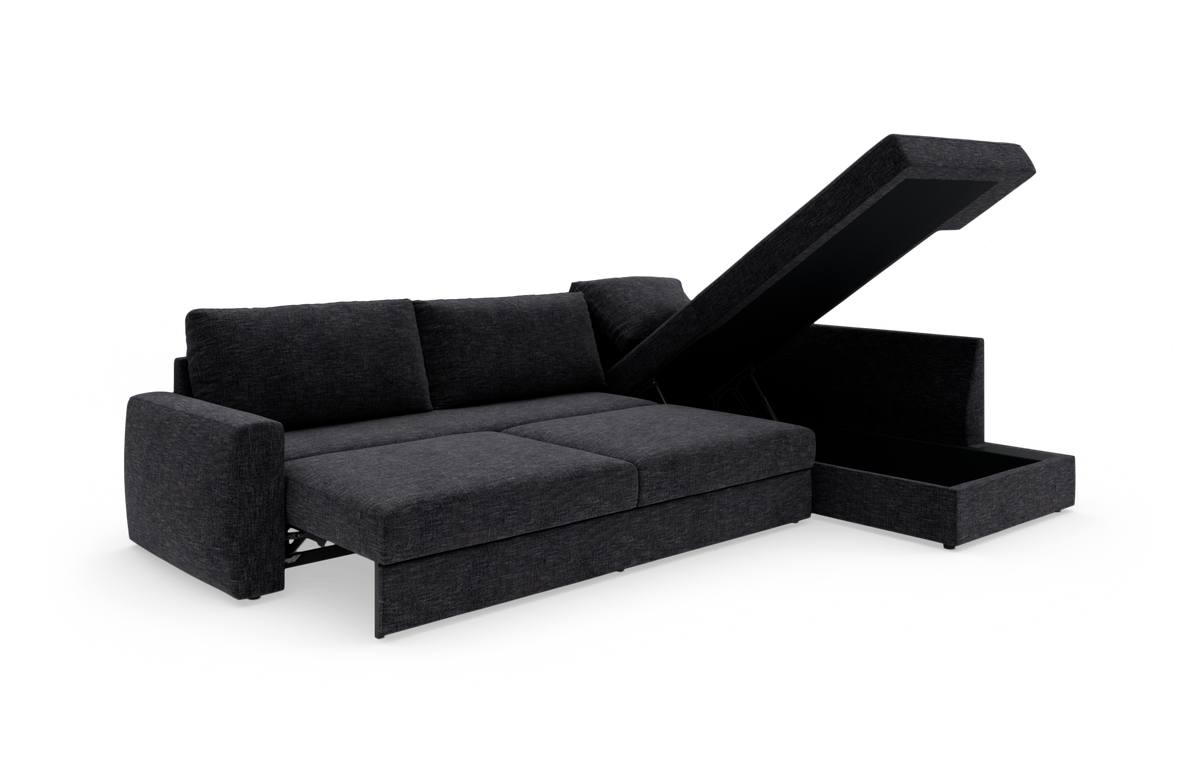 Mørkegrå hjørnesovesofa med opklappelig chaiselong og opbevaring, frilagt på hvid baggrund.