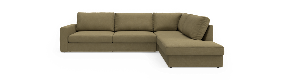 Olivengrøn L-sofa med chaiselong til højre, frilagt på sort baggrund.
