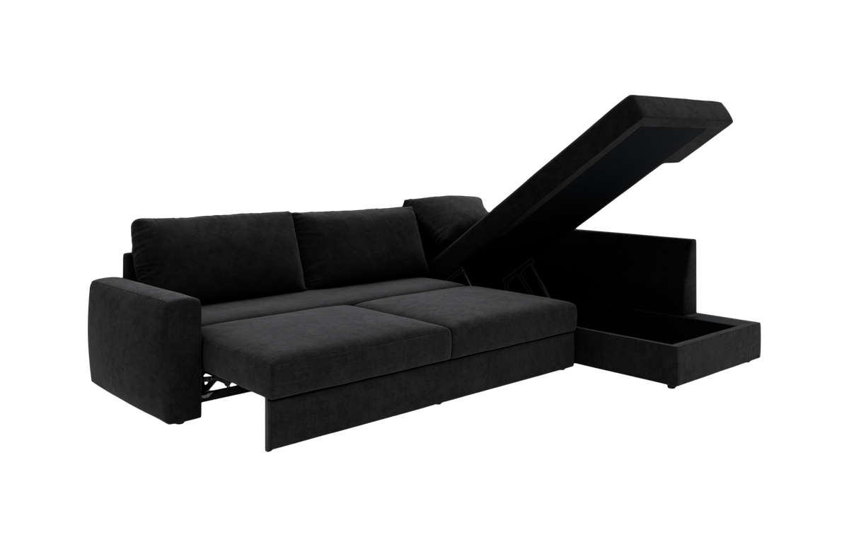 Sort sovesofa med åben chaiselong og integreret opbevaring, frilagt på hvid baggrund.