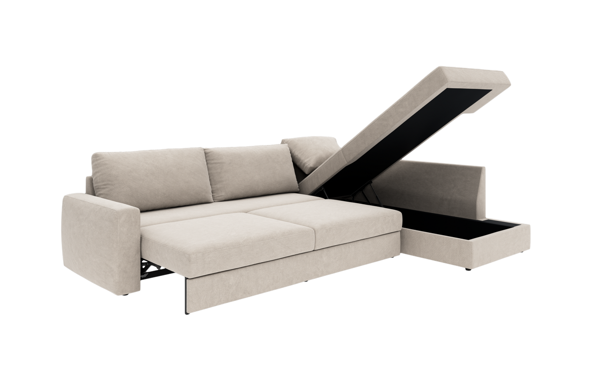 Beige sovesofa med chaiselong og opklappelig opbevaring, vist skråt forfra.