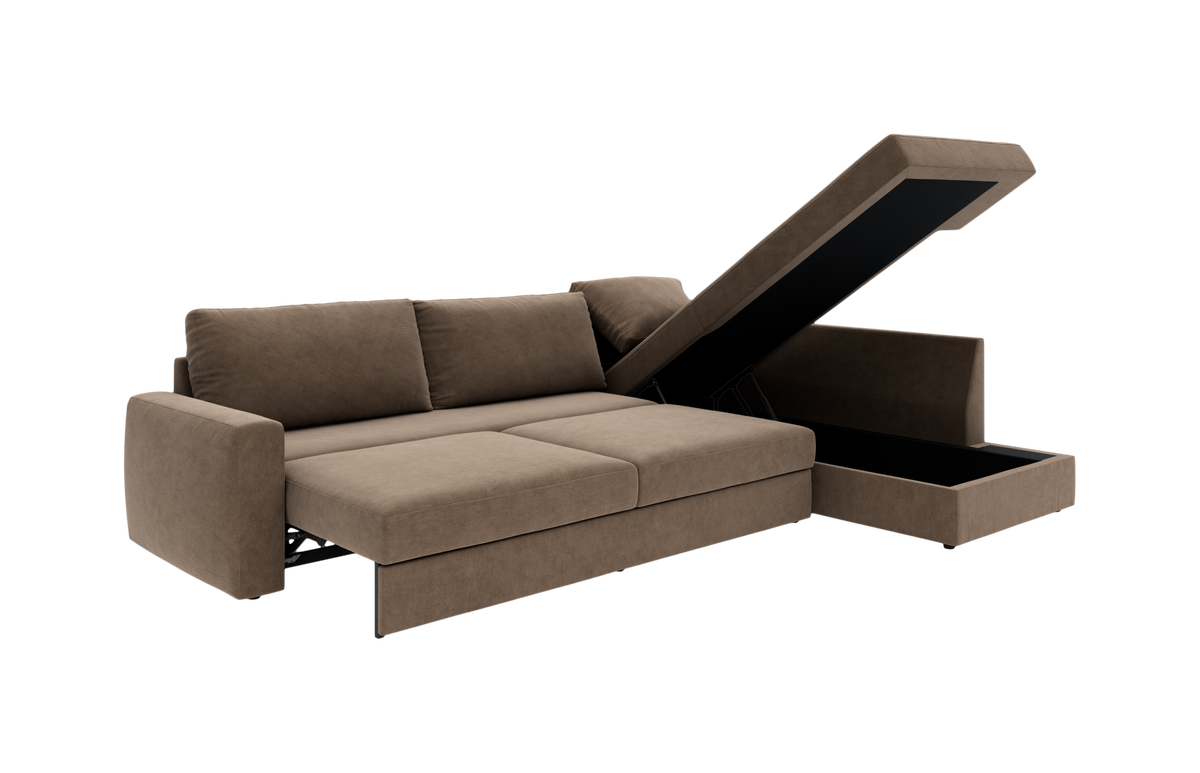 Brun modulsofa med åben chaiselong og integreret opbevaring, fotograferet på hvid baggrund.