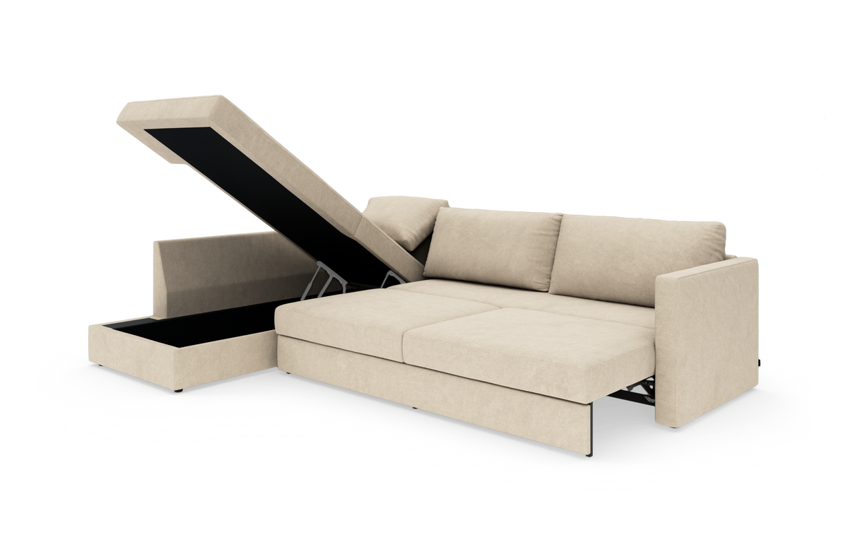 Beige hjørnesovesofa med åbent chaiselong-opbevaringsrum, vist i studieopsætning.