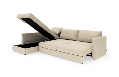 Beige hjørnesovesofa med åbent chaiselong-opbevaringsrum, vist i studieopsætning.