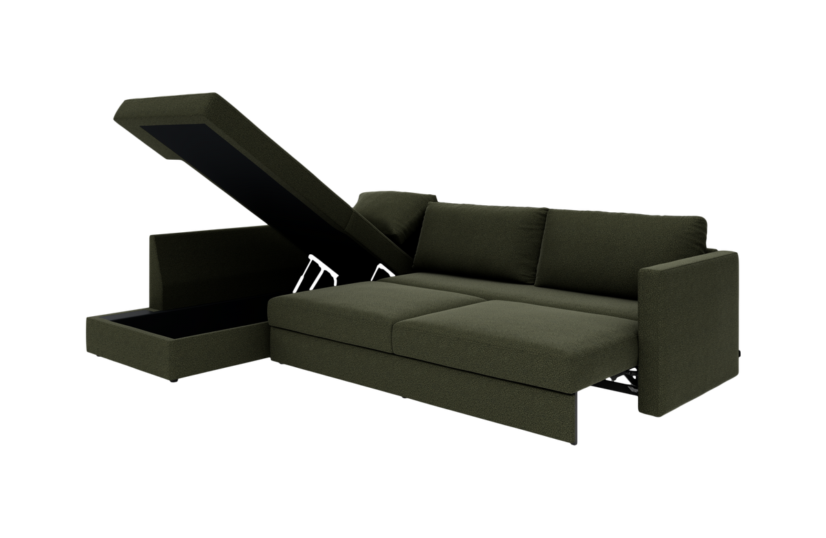 Mørkegrøn modulsofa med sovesofa-funktion og åbent opbevaringsrum i chaiselongen.