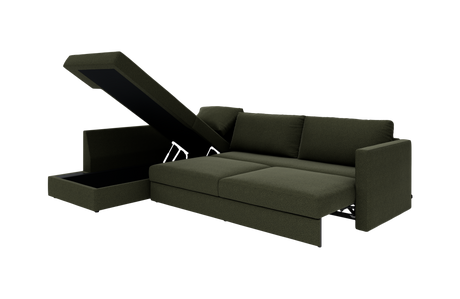 Mørkegrøn modulsofa med sovesofa-funktion og åbent opbevaringsrum i chaiselongen.